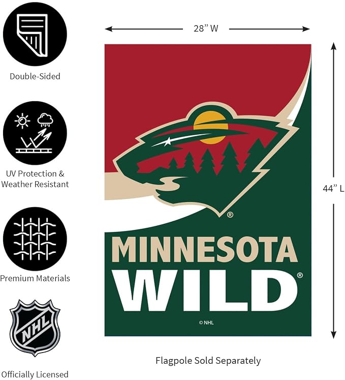 NHL Minnesota Wild House Flag, 28 x 44, Double Sided Garden Flags for Outside, Outdoor Flags & Banners for Gardens Patio, Indoor Wall Decor Flag for Room