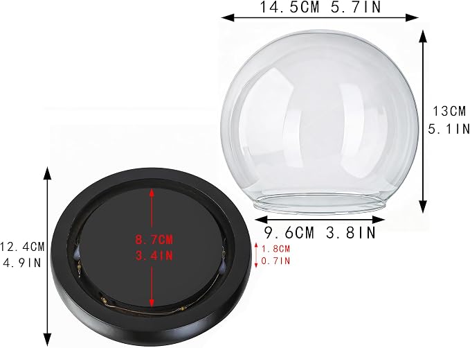 6inch Round Glass Cloche Display Dome with Black LED Lights Base Decorative Glass Display Bell Jar for Plants Keepsakes Collectibles