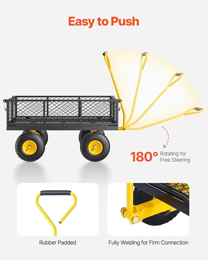 VEVOR Heavy Duty Steel Garden Cart 900 lbs Garden Wagon Cart on Wheels | Outdoor Metal Yard Utility Wagon with 10" Tires, Mesh Detachable Sides (Convert to Flatbed) and 180° Rotating Handle
