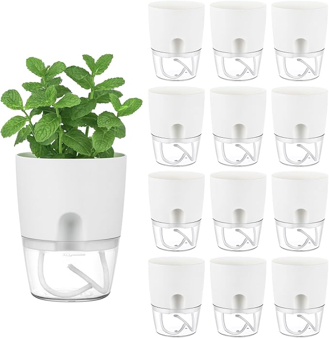 Planterhoma 12 Pack Self Watering Pots for Indoor Plants, 3.2 Inch Plant Pot Plastic Self Watering Planter for Orchid, African Violet, Clear Flower Pots with Drainage Holes and Wicking Rope, White