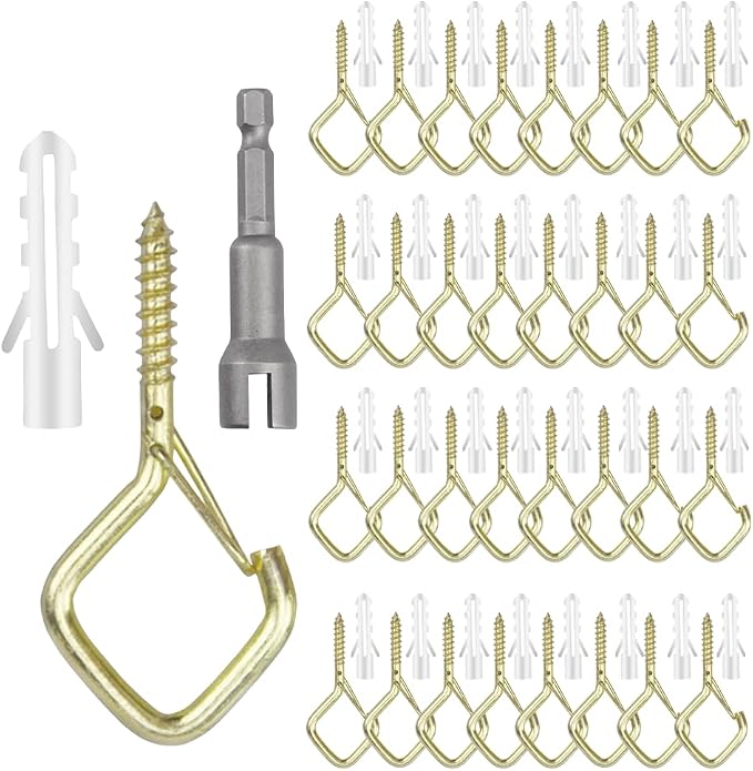 32-Pack Heavy-Duty Golden Screw Eye Hooks with Safety Clips | Metal Ceiling Hooks for Hanging Plants, Wind Chimes, Bird Feeders & Indoor/Outdoor Lights