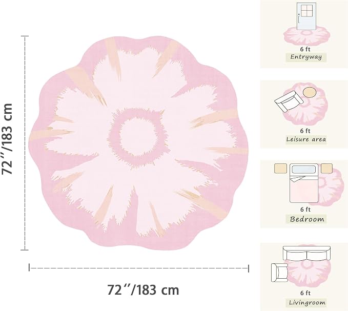 Latte&Fog 6ft Pink Round Area Rug for Girl Bedroom Washable Cute Circle Rug | Non Slip Low Pile Soft Floral Indoor Carpet for Living Room Kids Playroom Nursery Classroom Dorm Decor Dining Kitchen Office