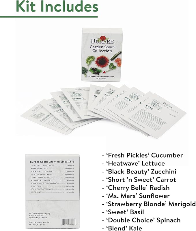 Burpee Garden Sown Flower, Herb & Vegetable 10 Packs of Non-GMO Basil, Lettuce, Cucumber, Radish, Spinach, Kale, Zucchini, Sunflower & Marigold, Seeds for Planting