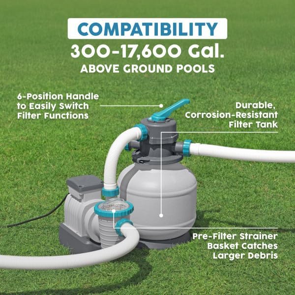Bestway 3,000 GPH Above Ground Swimming Pool Sand Filter Pump | Compatible with Pools: 300 to 17,600 Gallons, Corrosion-Resistant Tank, Pre-Assembled, Low-Maintenance Pump with Adapters
