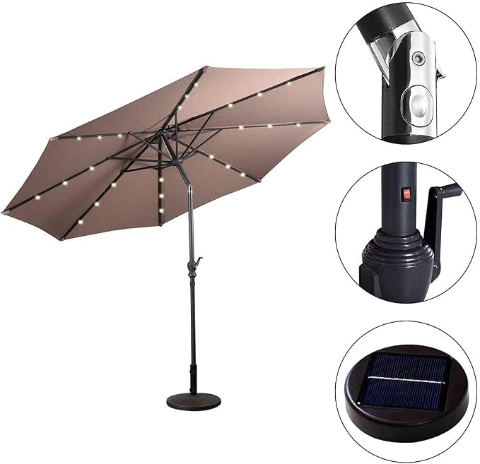 HAPPYGRILL 10FT Patio Umbrella with Lights Outdoor Solar Powered Sunbrella with Tilt Crank Umbrella for Garden Poolside Backyard Beach