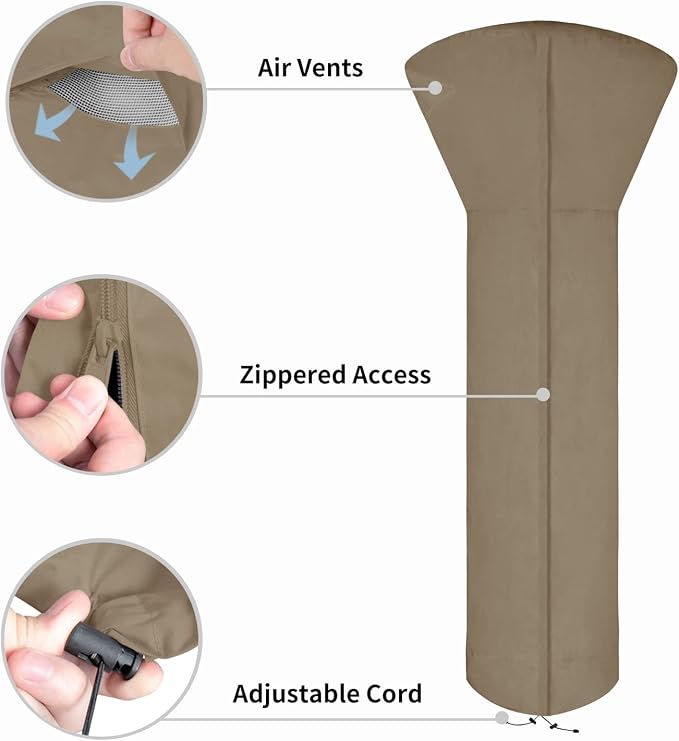 Easy-Going Patio Heater Cover with Zipper and Storage Bag, Waterproof Outdoor Heater Cover Dustproof, UV-Resisant, Wind-Resistant (89"H x 33"D x 19"B, Camel)