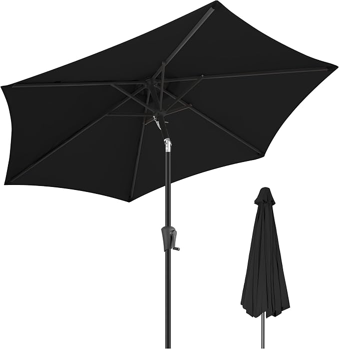 FLAME&SHADE 9ft Patio Umbrella Outdoor - Table Umbrella with Push Button Tilt and Crank, UV Protection, 6 Sturdy Ribs, Market Umbrella for Garden, Deck, Backyard, Lawn, Pool and Beach(Black)