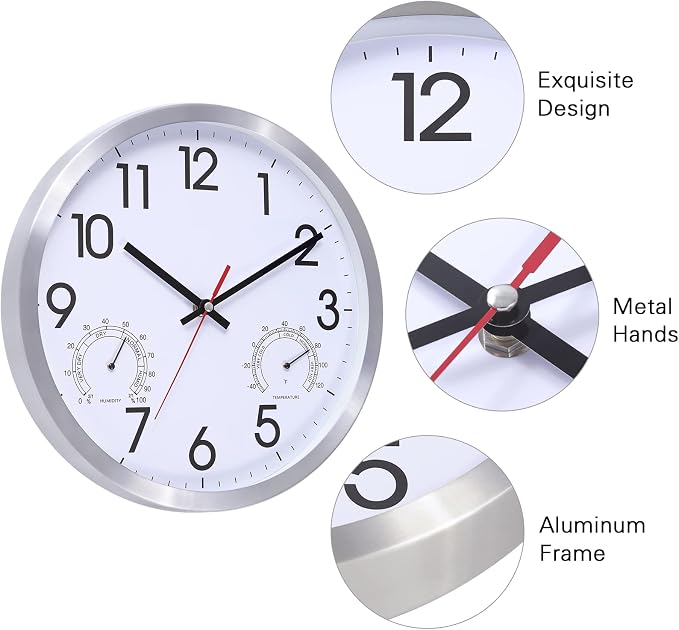 12 Inch Wall Clock with Temperature & Humidity, Aluminum Frame Wall Clocks, Sweep Silent Movement Accurate Clocks, Decorative for Kitchen Living Room Bedroom