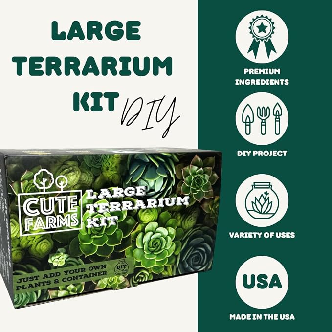 Cute Farms Terrarium Starter Kit | Moss, Vermiculite, Soil, Pebbles, Plant Food, & Finishing Tools (Large + 8 Live Plants)
