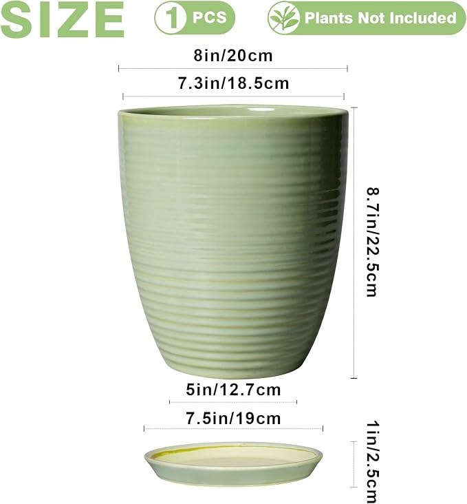Ceramic Pots for Plants - Modern Round 8 Inch Planter with Drainage Hole and Plant Saucer for Flower Indoor Outdoor, Home Decor, House Warming Gifts, Green