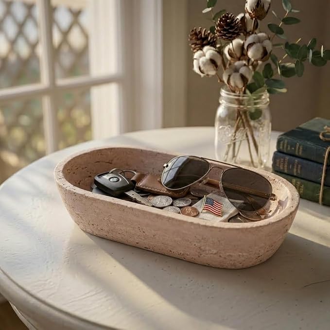 Radicaln Marble Dough Bowl 10" Inches Travertine Handmade Key Bowl For Entryway Table, Ideal Decorative Candy Bowl & Candle Dish For Home Decor