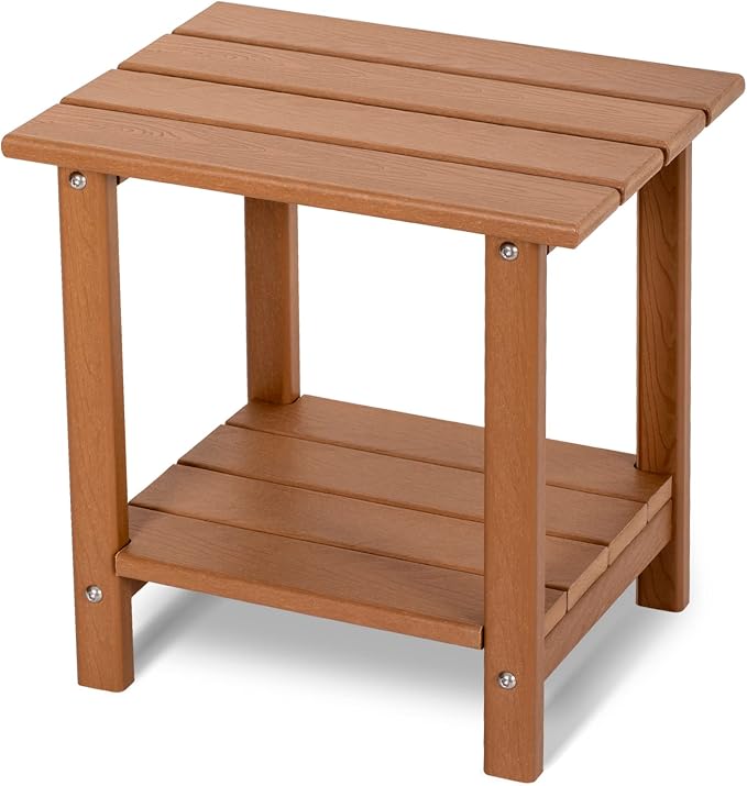 2 Tier Outdoor Side Table with Wood-Like Grain, 16.6" HDPE Adirondack Table Patio Side Table, Weather Resistant End Table for Pool, Patio & Porch, Small Outdoor Table(Teak, Rectangle)