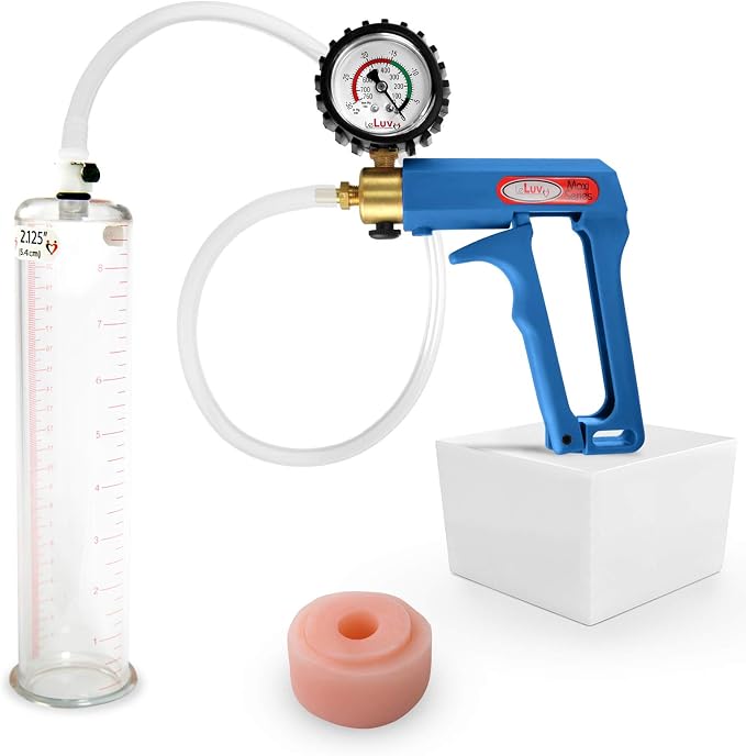 LeLuv Penis Pump Maxi Blue Handle + Protected Gauge - Bundle with Clear Hose, Silicone Donut Seal - 9 inch Length x 2.125 Inch Diameter Cylinder