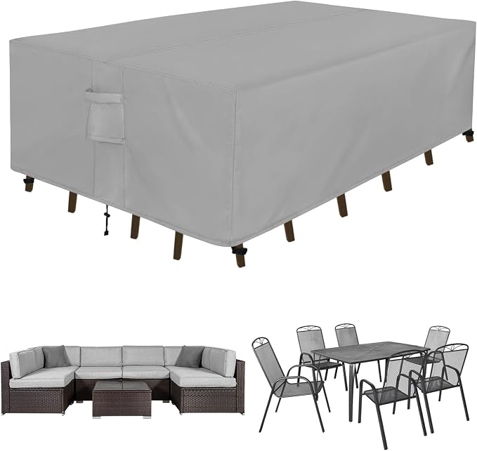Easy-Going Rectangle Patio Furniture Cover Waterproof Outdoor Dining Table and Chair Cover Anti-UV Outside Sectional Sofa Set Covers (124"L x 71"W x 28"H, Grey)