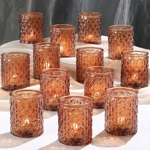 36 Pack Vintage Amber Votive Candle Holders, Glass Tealight Candle Holders by TripodBird