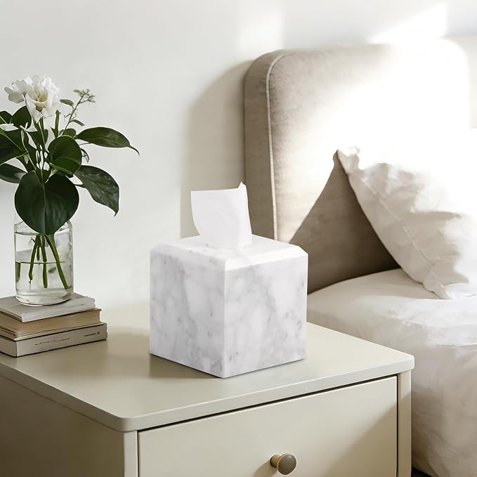 Natural Marble Square Tissue Box Cover ,Stone Modern Decorative Sturdy Napkin Box Holder Case,Facial Paper Organizer for Bathroom Vanity Toilet Countertop,Kitchen (1, Carrara White, 5.71*5.71*5.51)