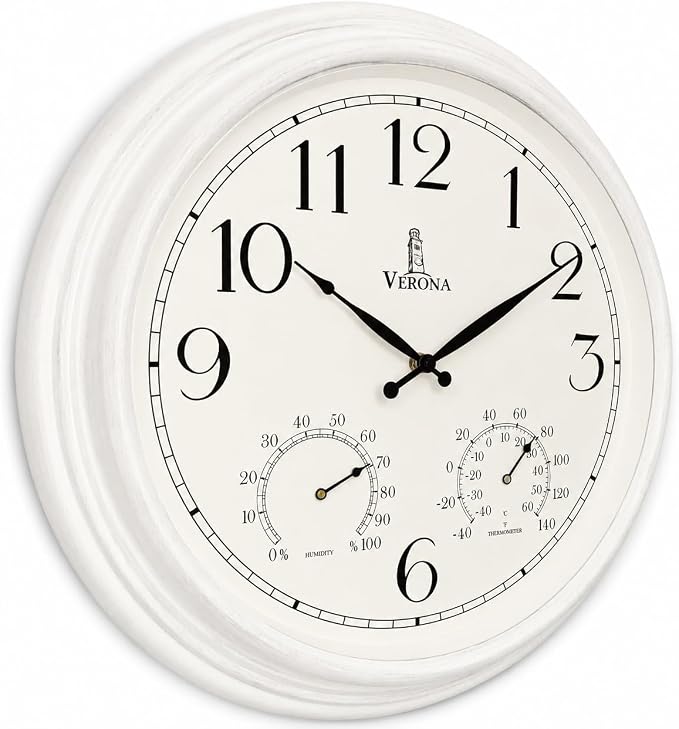Outdoor Clocks for Patio Large Waterproof with Thermometer - White 18 inch Indoor Outdoor Wall Clock with Temperature and Humidity Combo - Weatherproof, Accurate & Easy to Read for Pool, Garden & Home