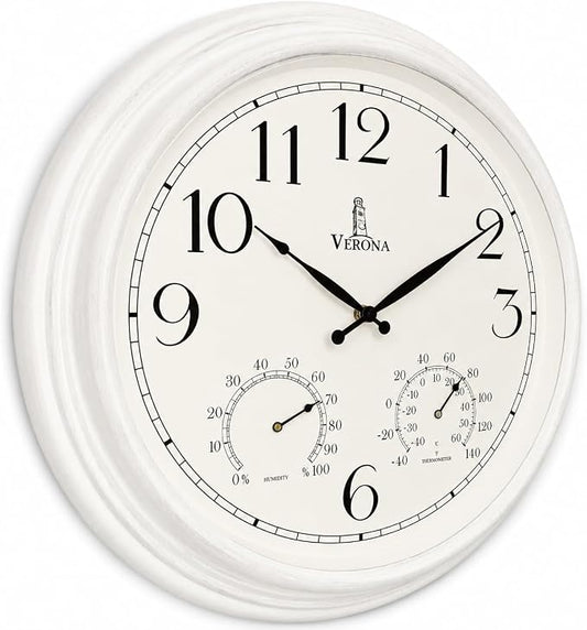 Outdoor Clocks for Patio Large Waterproof with Thermometer - White 18 inch Indoor Outdoor Wall Clock with Temperature and Humidity Combo - Weatherproof, Accurate & Easy to Read for Pool, Garden & Home