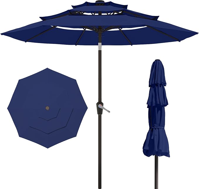 PatioKingdom 9ft 3-Tier Patio Market Umbrella with Crank/Tilt, Commercial Heavy Duty Wind Proof,Outdoor Table Umbrella with 8 Fiberglass Ribs,UPF50+ for Deck,Pool,Garden,Backyard (Navy)