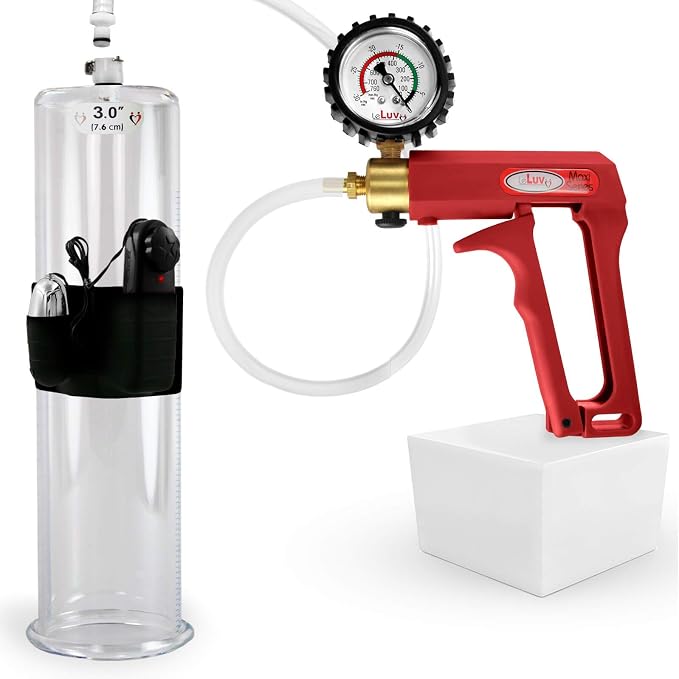 LeLuv Vibrating Penis Pump Maxi Red Handle + Protected Gauge - Bundle with Clear Hose - 12 inch Length x 3 inch Diameter Cylinder