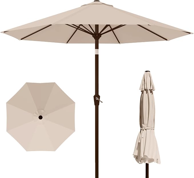 Kingdura 10FT Outdoor Patio Umbrella, Round Market Table Umbrella with Push‑Button Tilt and Crank Lift, 8 Sturdy Metal Ribs, UV50+ Protection Canopy for Backyard, Lawn, Deck, Poolside, Garden (Beige)