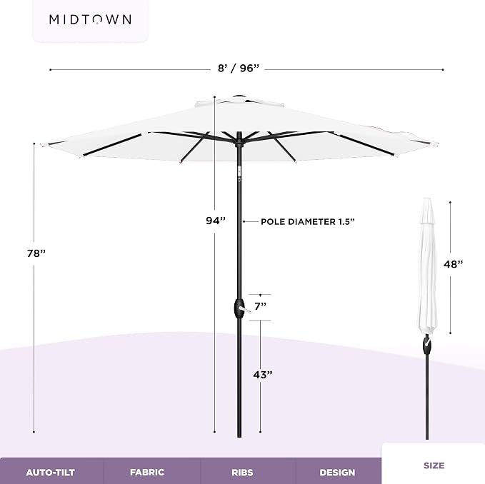 Midtown Umbrellas - 10-Year-No-Fade 8 Ft Patio Umbrella with Terylast Fabric, Auto-Tilt Aluminum Frame and 8 Reinforced Ribs for Deck, Pool, Garden & Beach - Ivory White Canopy, Black Pole
