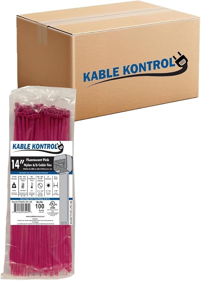 Kable Kontrol Fluorescent Pink Zip Ties 14 Inch 6,000 Pcs, 50 Lbs Tensile Strength, Bulk Pack, Self-locking Nylon Colored Cable Ties Wire Wraps for Indoor or Outdoor Use