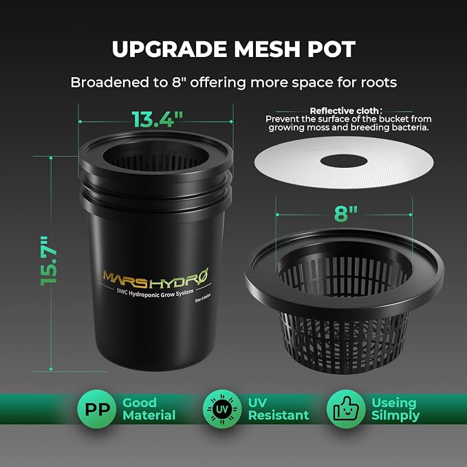 MARS HYDRO DWC 4‑Bucket Hydroponic System with Pump & Drip | 5 Gallon Capacity, 11W Air Pump, Air Stone & Hose, Recirculating Top Drip, Deep Water Culture Design