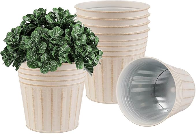 vensovo 5 Inch Galvanized Bucket Planter - 6 Pack Metal Flower Pots with Drainage Holes & Plugs, Rustic Beige Tin Pots for Indoor Herbs, Outdoor Succulents, Farmhouse Home Garden Decor
