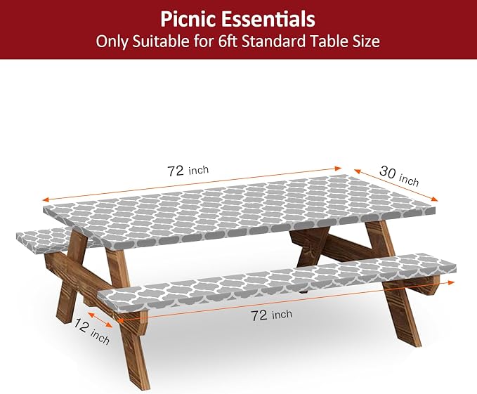 6ft Picnic Table and Bench Cover, Camping Essentials RV Gear, 72in Waterproof Windproof Outdoor Elastic All Around Tablecloth, Fitted Rectangle Tables and Seats, Gray-White Moroccan