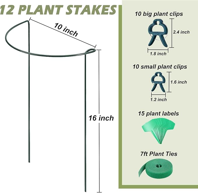 12 Pack Plant Support Stakes, Size 10"x16", Come with 15 Pcs Plant Labels, 20 Pcs Plant Clips, 7ft Plant Ties, Metal Garden Peony Cages and Supports for Potted Plants Tomato Hydrangea