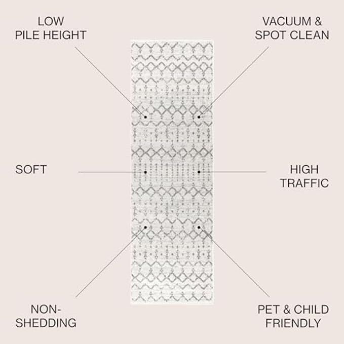 JONATHAN Y Boho Vintage Diamond Cream/Gray Runner Rug 2X8 ft, Moroccan Hype for Living Room, Bedroom, Kitchen, Office, Easy-Cleaning, High Traffic, Pet-Friendly, Non-Shedding (MOH101B-28)