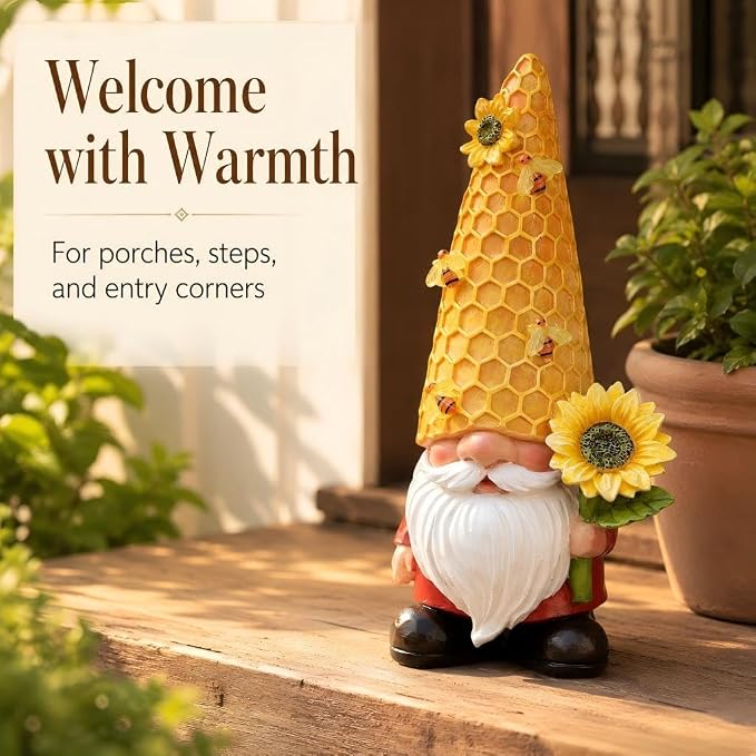 12.3'' Sunflower Garden Gnomes Statue with Solar Bee Lights | Fall Decorations ,Outside Decor, Yard Art Lawn Ornaments, Porch Patio Balcony Home House, Gifts for Mom Grandma Women