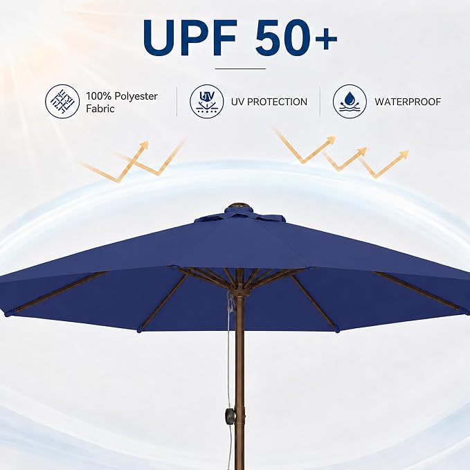 9FT Patio Umbrella, Outdoor Table Umbrella with Rope Pulley Lift, 3 Adjustable Heights, Market Umbrellas for Backyard, Pool and Deck, UPF50+