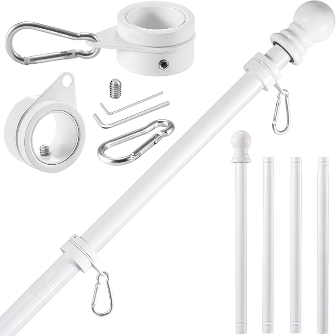 BONWIN White Flag Pole Kit for House, 5 FT Thickened Stainless Steel Outside Wall Mount Flagpole for 3x5' American Flag with 1" Tangle Free 360° Rotating Flag Pole Rings Hardware for Porch Residential