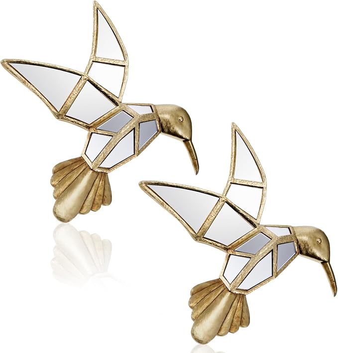 Sliner 2 Pcs Hummingbird Mirror Wall Decor, Gold Resin Aesthetic Bird Wall Art, Vintage Decorative Hanging Glass Mirrors for Victorian Home, Elegant Nature Inspired Summer Wedding Gift
