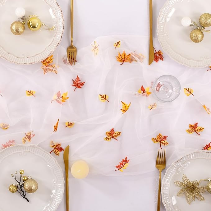 Socomi Falll Thanksgiving Table Runner Maple Leaf Tulle Gauze Cheesecloth Embroidery Sheer Table Runners for Wedding Party Baby Shower Birthday Holiday Picnic Home Decor