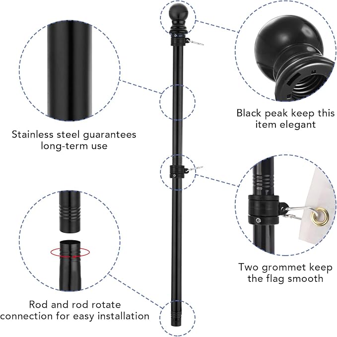 Yeesun Flag Pole,6FT American Flag Pole & Bracket-Flagpoles for 3 x 5 Flags Holder for House Porch & Outdoor,Tangle Free and Wall Mount Flag Pole Kit (Without flag,Black)