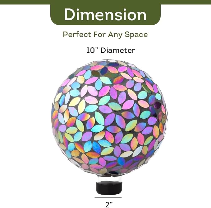 Lily's Home Colorful Mosaic Glass Gazing Ball, Designed with a Stunning Holographic Petal Mosaic Pattern to Bring Color and Reflection to Any Home and Garden, Leaves (10" Diameter)