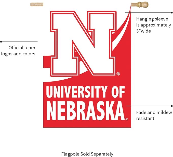 Team Sports America NCAA University of Nebraska House Flag, 28 x 44, Double Sided Garden Flags for Outside, Outdoor College Flags & Banners for Garden Patio, Indoor Wall Decor Flag for Room