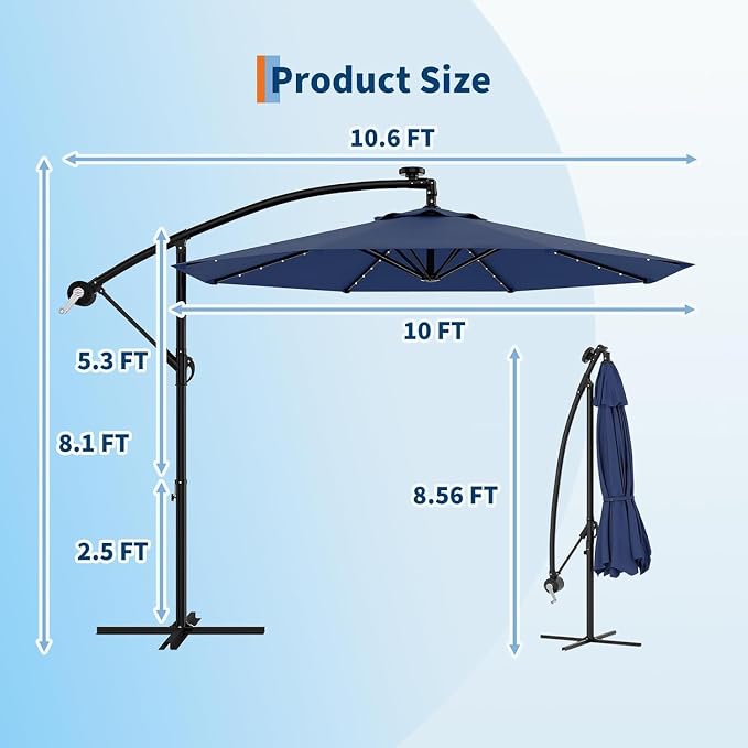 Garvee 10FT Solar Lights Offset Patio Umbrella with Cross Base, Cantilever Umbrella with Easy Lift & Tilt Adjustment, 8 Ribs Sun umbrella UV Protection for Backyard, Pool, Garden, Navy Blue