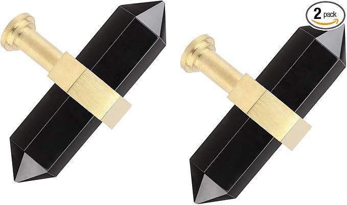 mookaitedecor Set of 2 Black Obsidian Double Crystal Points Drawer Knobs with Screws, Decorative Stone Cabinet Handle Pulls for Dresser Cupboard Kitchen Decor, Brushed Brass