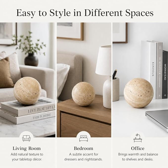 Natural Travertine Decorative Sphere, 3.94 Inch Stone Ball Decor, Hand-Polished Beige Orb Accent for Coffee Table, Shelf, Dresser and Living Room