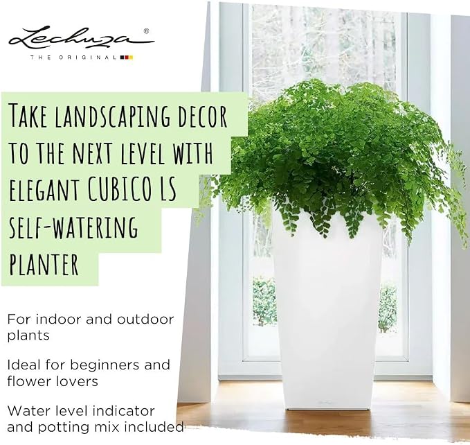 Lechuza CUBICO 40 Black High Gloss, Self-Watering Tall Planter, H29.5 L15.7 W15.7 in