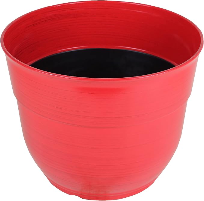 Garden Elements Indoor/Outdoor Glazed Brushed Happy Plastic Planter, Large, Bright Red, 15" (Pack of 2)