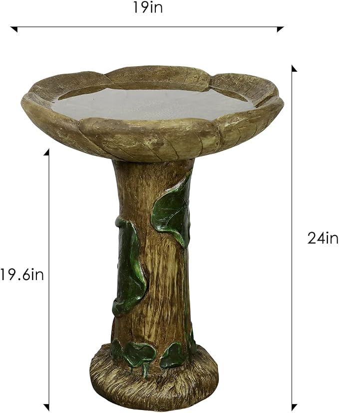 SunJet 24” High x 19” Diameter Outdoor Bird Bath with Tree Stump Leaf Design - Fibre Reinforced Concrete Birdbaths for Garden, Patio, Yard, Lawn Décor