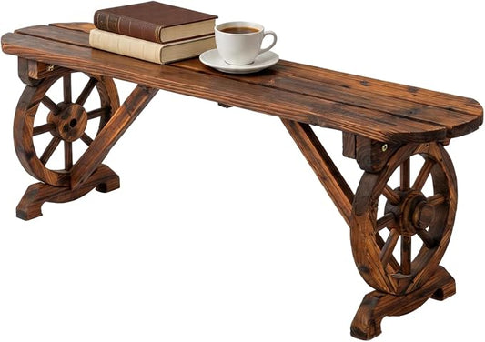 VINGLI Rustic Wooden Wheel Bench Outdoor Bench, Patio Bench Wagon Slatted Seat, Garden Benches for Outdoors 350lbs High Capacity, Weather Resistance (Rustic, 46in)