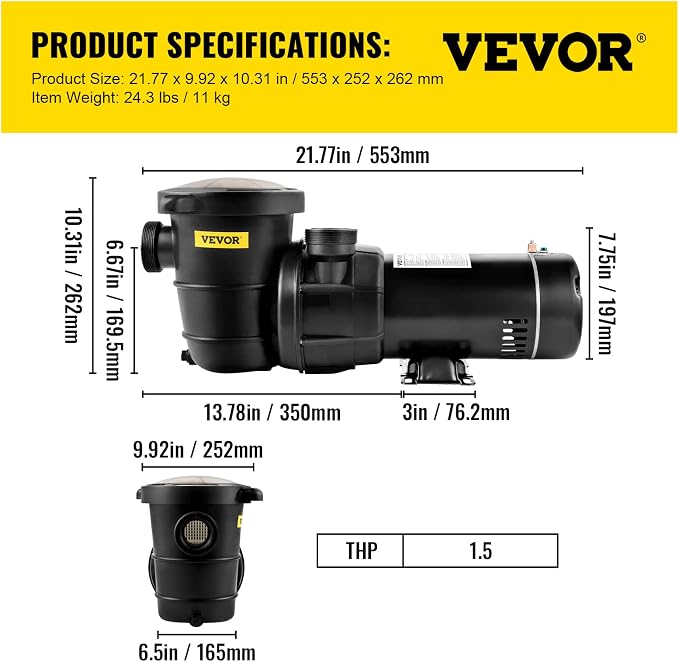 VEVOR Swimming Pool Pump 1.5 HP 5280 GPH Max Flow Single Speed Pump, 115 V | for Above Ground Pool, 43 ft Max Head Lift, Pure Copper Motor, with Strainer Basket & Lid, Certification of ETL for Security