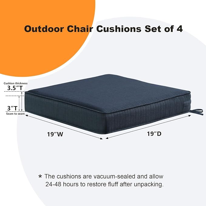 Unimatta Square Corner Seat Cushions, 19" x 19" x 3", Set of 4, Indoor Outdoor Water Repellent Universal Chair Pads with Ties for Patio Furniture, Garden Dining Chairs, Dark Blue Linen