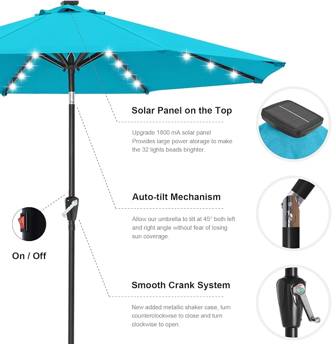 ABCCANOPY Durable Solar Led Patio Umbrellas with 32LED Lights 10FT (Turquoise)